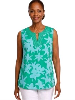 Liz Claiborne Green & Blue Floral Split V-neck Sleeveless Blouse Size M